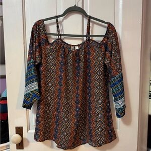 Tacera Blue and Orange Patterned Women's Blouse
